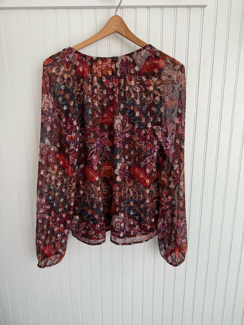 LOFT Floral Paisley V-Neck Long Sleeve Blouse with Jewel Tones Size S - Picture 3 of 5